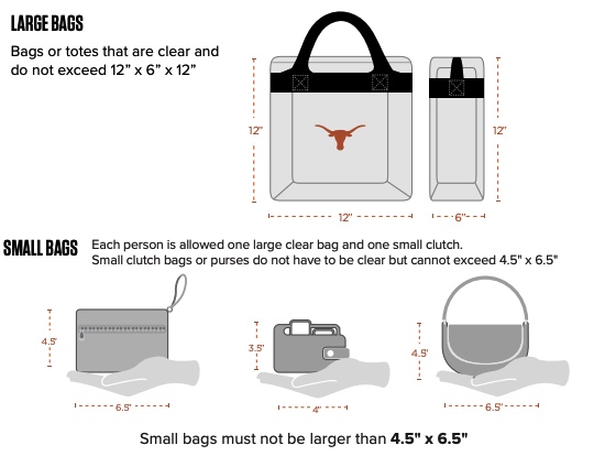Diagrams showing the type and size of clear bags that are permitted