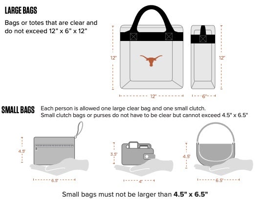 Diagrams showing the type and size of clear bags that are permitted