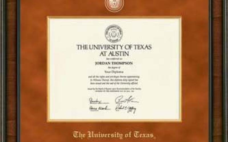 Sample diploma frame from University Co-op